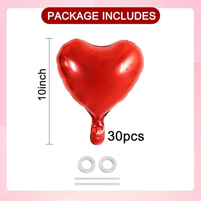TONIFUL 30Pcs 10 Inch Red Heart Balloons Valentine’s Day Heart Shape Foil Mylar - Image 2