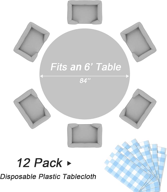 QIKSION Blue Gingham Round Tablecloth 12 Pack, 84 Inch Plastic Checkered Table - Image 5