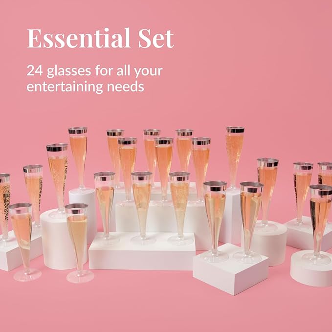 Prestee Set of 24 Silver Glitter Plastic Champagne Flutes - Image 4
