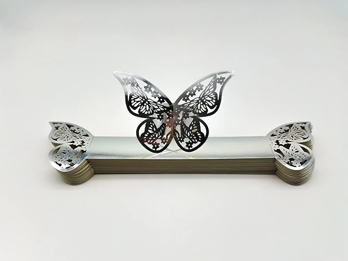 Butterfly Silver Paper Napkin Rings Set of 100 pcs，3D Laser Cut Foil Cutout - Image 6