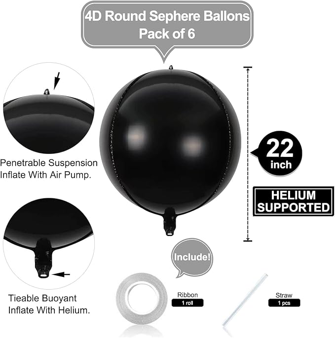 6 Pack Black 22 Inch 4D Foil Balloons Big 360 Degree Round Sephere Mylar - Image 2