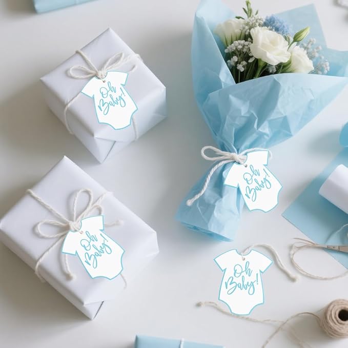 100Pcs Gift Tags with String Oh Baby Sign Blue Baby Clothes Large Gift Tags - Image 3