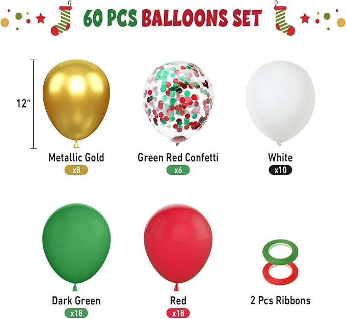 FunHot Christmas Balloons, 12 Inch Red Green Confetti Balloons Metallic Gold - Image 2