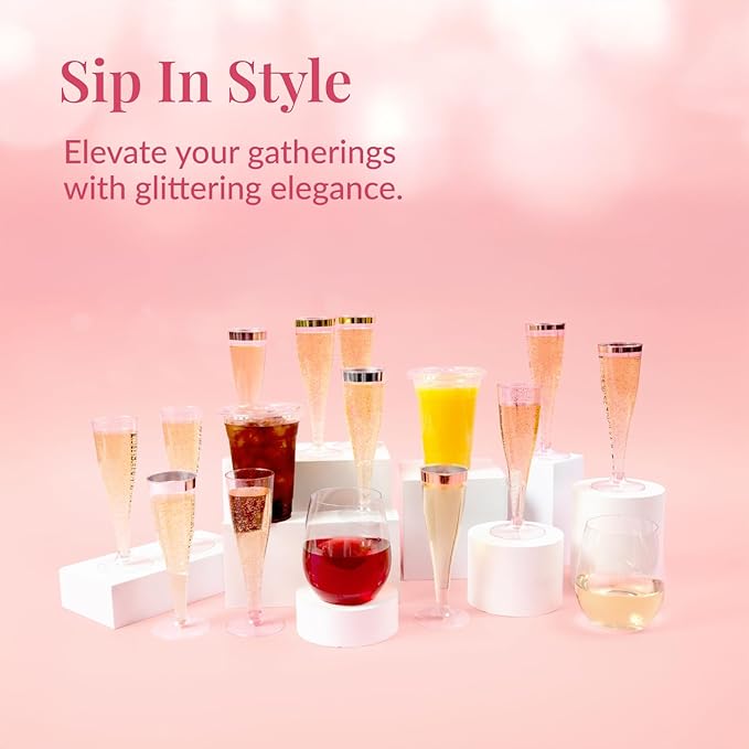 Prestee 200 Disposable Champagne Flutes Gold Glitter Glasses - Image 2