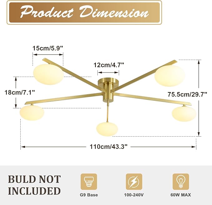 5 Lights Industrial Semi Flush Mount Ceiling Light Fixture Gold Modern Sputnik - Image 2