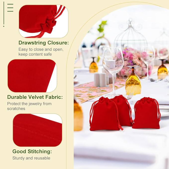 Shintop 50pcs Little velvet bags, 3x4inch Red Drawstring Gift Bags Small - Image 3