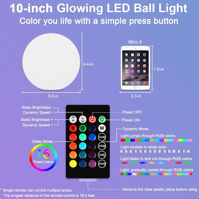 10-in Glowing LED Ball Light, Dimmable 16 RGB Color 4 Mode Glowing Orb Lights - Image 9