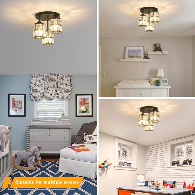 Modern Semi Flush Mount Ceiling Light, 3-Light Black Crystal Close to Ceiling - Image 5