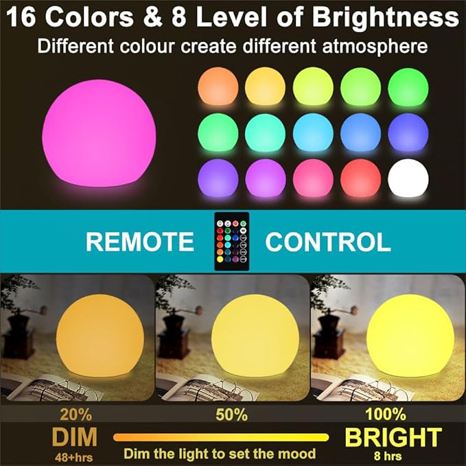 8-in LED Glowing Ball Light for Kid, 16 RGB Color Changing Globe Orb Night - Image 2