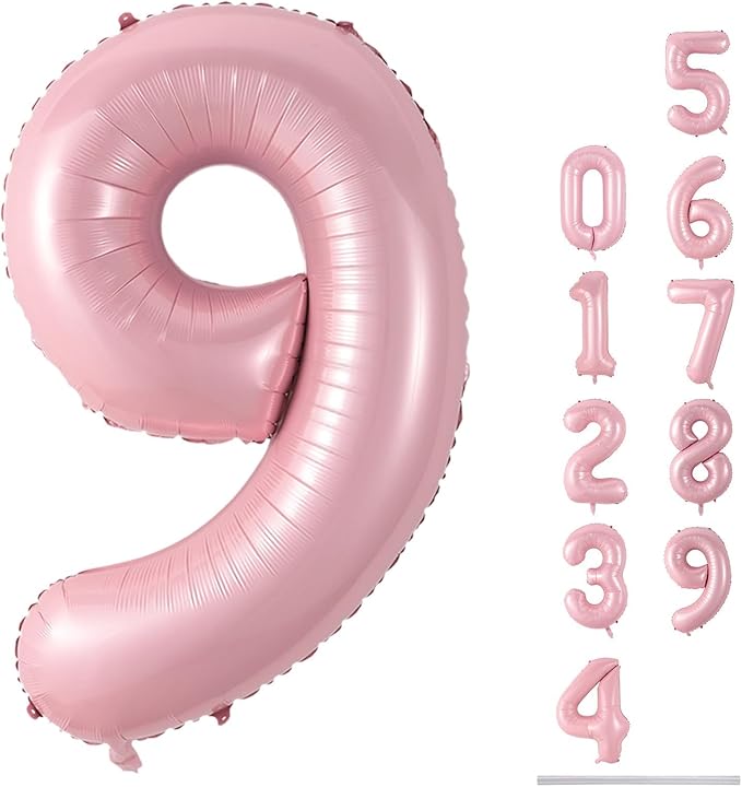 40'' Pink Number 9 Balloon, Self Inflating Foil Light Pink Number Balloons Set by Lingqiang
