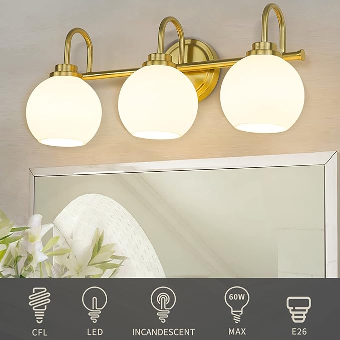 Gold Bathroom Light Fixtures, 3 Light Gold Modern Bathroom Light Fixtures Over - Image 2
