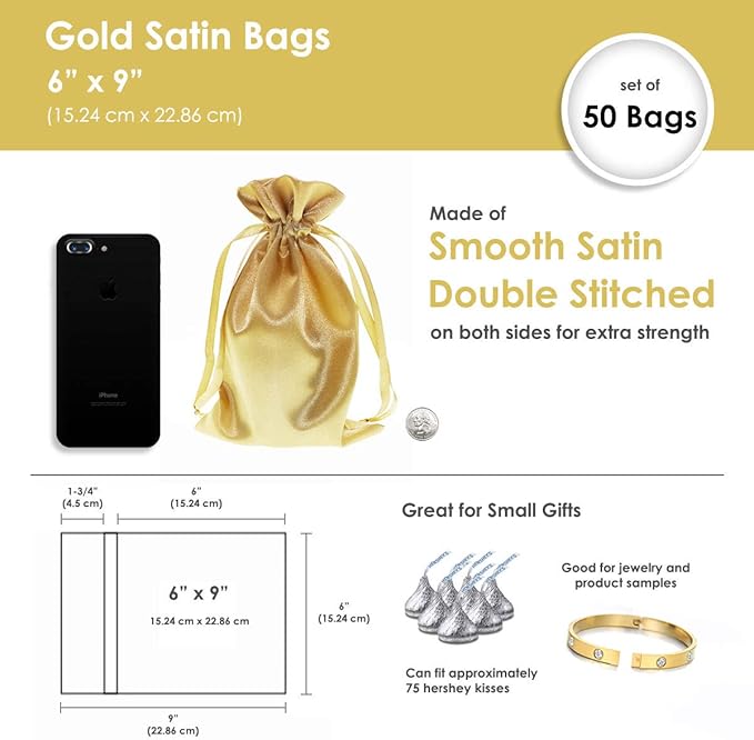 6" x 9" Gold Satin Gift Bags, Jewelry Bags, Wedding Favor Drawstring Baby - Image 4