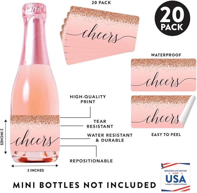 Andaz Press Mini Champagne Wine Bottle Labels, Blush Pink Faux Rose Gold - Image 2