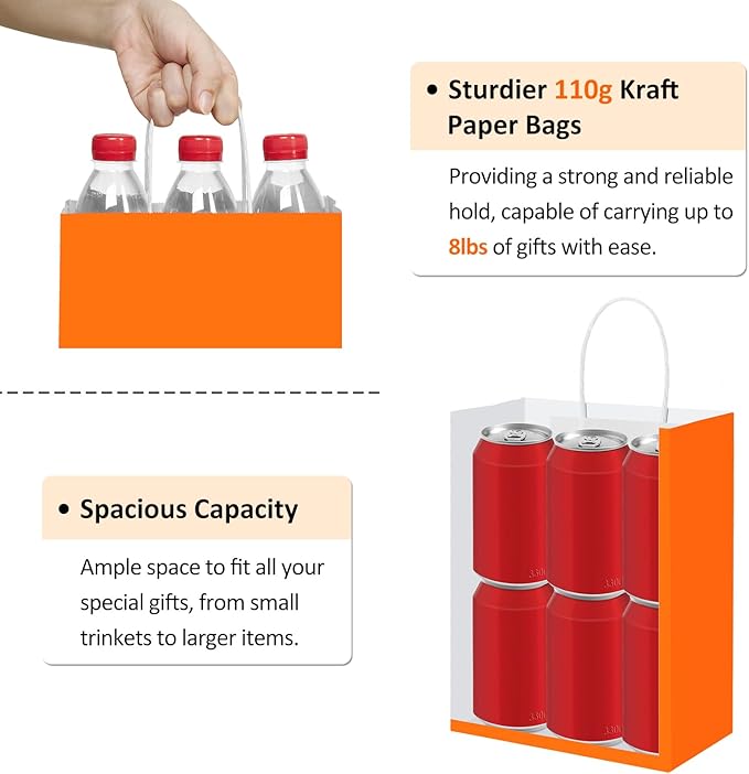 BagDream 8x4.25x10.5 Inch 100Pcs Orange Gift Bags Medium Size, Kraft Paper Bags - Image 5