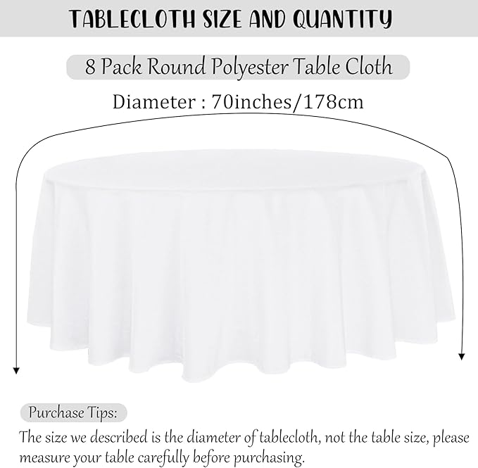 8 Pack Round Tablecloth 70 Inch White Round Table Covers Bulk Washable - Image 2