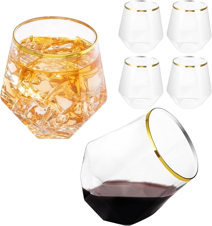 LUODA Gold Diamond Shaped Plastic Stemless Wine Glasses Set of 24, Disposable by LUODA