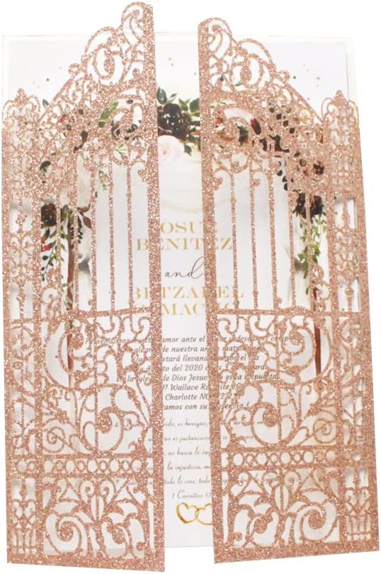 Glittery Hollow Rose Gold Invitations Gate Design by MillaSaw