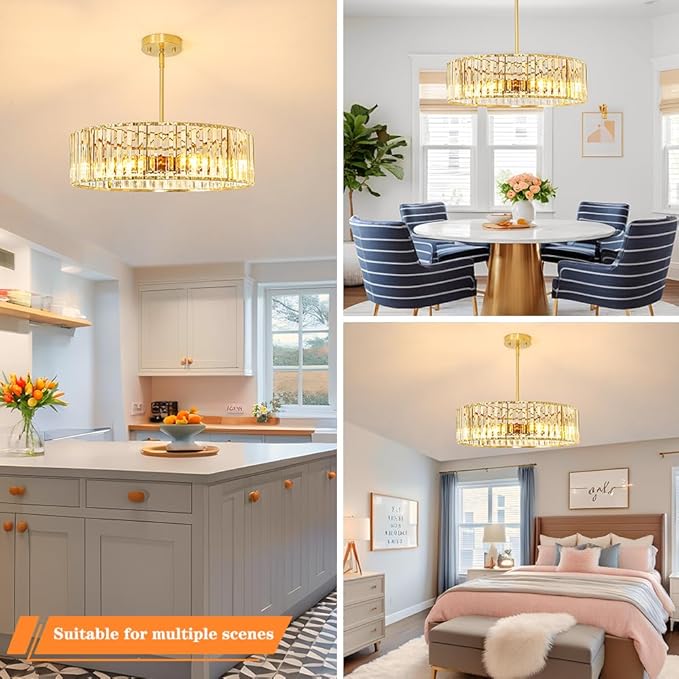 Gold Crystal Chandelier for Dining Room, 6-Light Modern Semi Flush Mount - Image 5