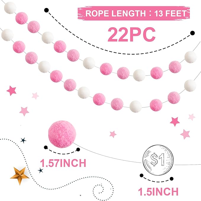 TBD Decor 2pk Pink Pom Pom Garland 13FT 4cm Large Felt Ball Garland Shower - Image 2