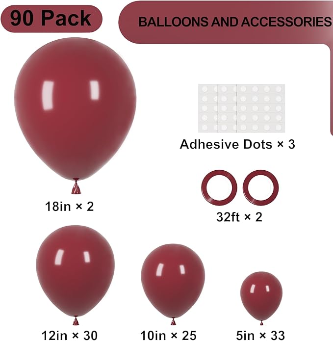 90pack Burgundy Balloons Different Size 18/12/10/5 Inch Maroon Balloon Garland - Image 2