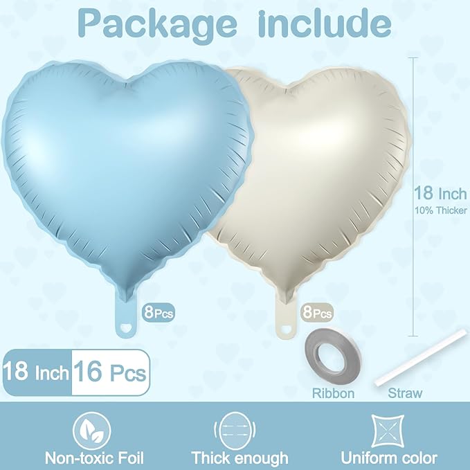 16 Pcs Heart Balloons, 18 Inch Blue White Sand Love Heart Shaped Foil Balloons - Image 2