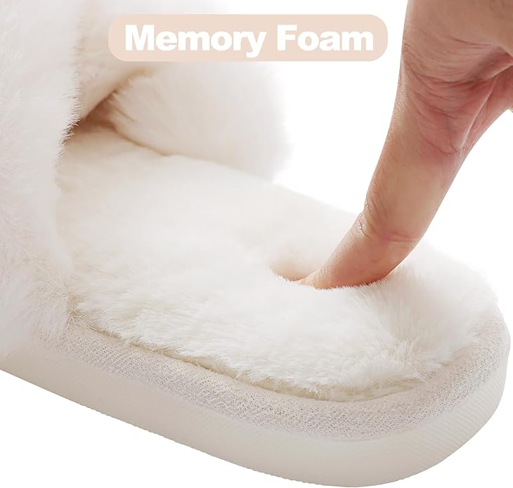 Evshine Women's Fuzzy Slippers Cross Band Memory Foam House Slippers Open Toe - Image 5