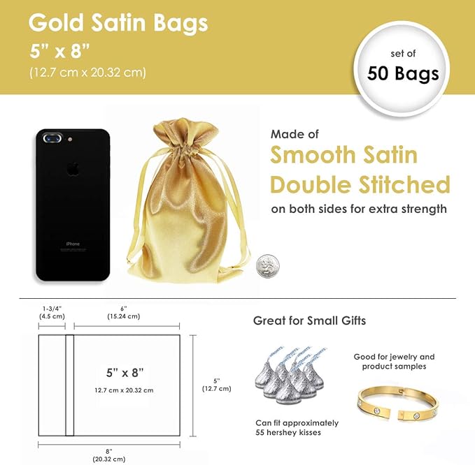 5" x 8" Gold Satin Gift Bags, Jewelry Bags, Wedding Favor Drawstring Baby - Image 4