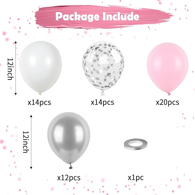 Pink and Silver Balloons, Pastel Pink White Balloon Metallic Silver White - Image 2