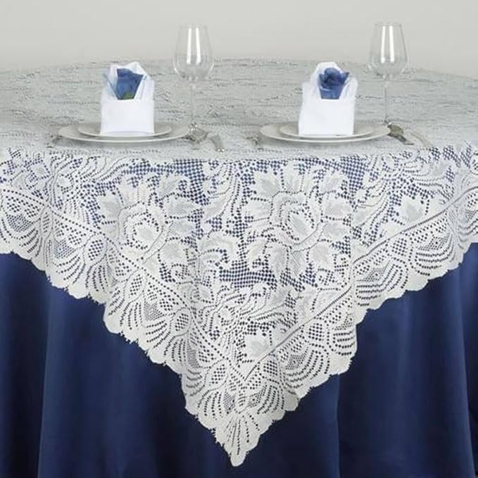 Efavormart 90" x 90" Ivory Square Lace Table Overlay - Image 2