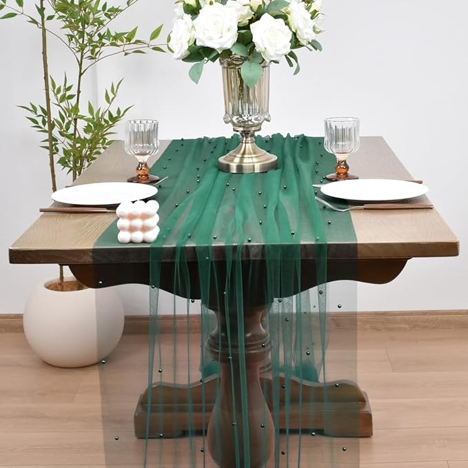Joanlody Fall Pearl Table Runner 10ft Rustic Boho Tulle Table Runner - Image 2