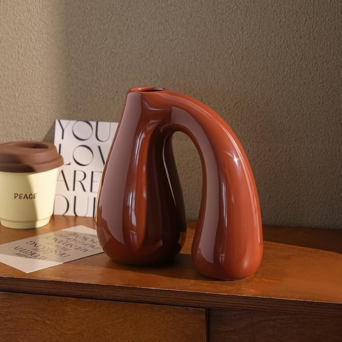 Brown Ceramic Vase – Glossy Modern Sculptural Décor, Arch Handle Artistic Design - Image 8