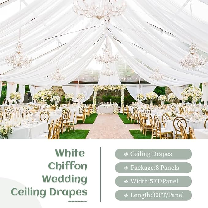 8 Panels White Wedding Ceiling Drapes 5ftx30ft Ceiling Drapes Chiffon Fabric - Image 2