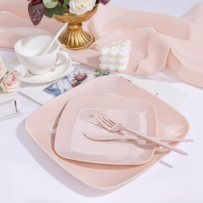 PULOTE 60PCS Pink Square Plastic Plates Disposable - Image 5