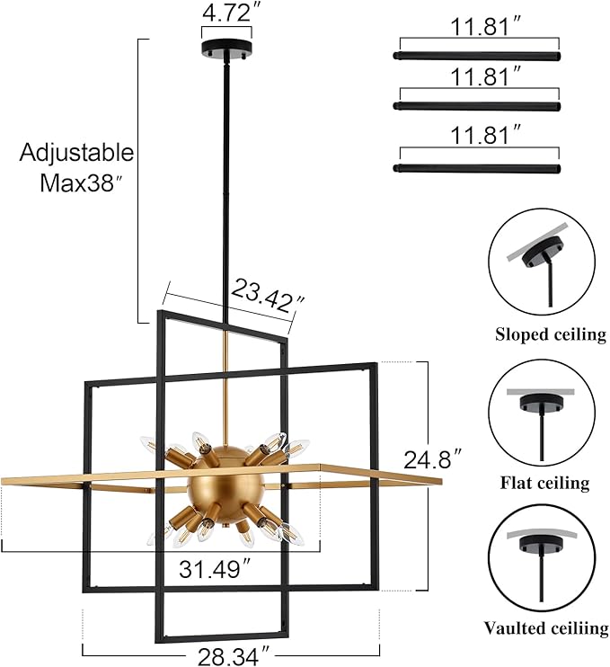 31.5'' Large Modern Lantern Chandeliers, 12-Light Black Gold Geometric Pendant - Image 4