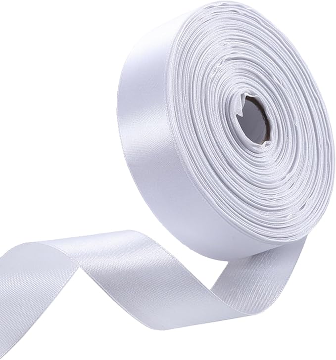 1" x 50 Yards White Satin Ribbon Single Faced Fabric Ribbons by Oakarbo