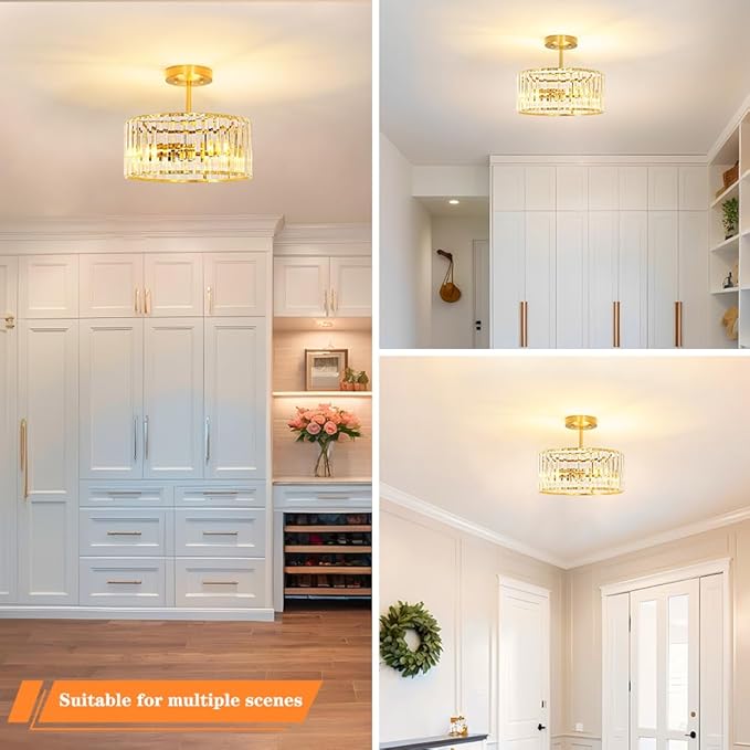 Modern Crystal Ceiling Light, Brushed Gold Semi Flush Mount Ceiling Lighting - Image 4