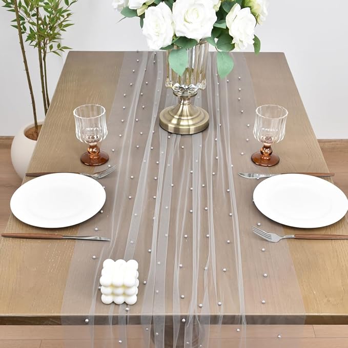Joanlody Fall Pearl Table Runner 10ft Rustic Boho Tulle Table Runner - Image 3