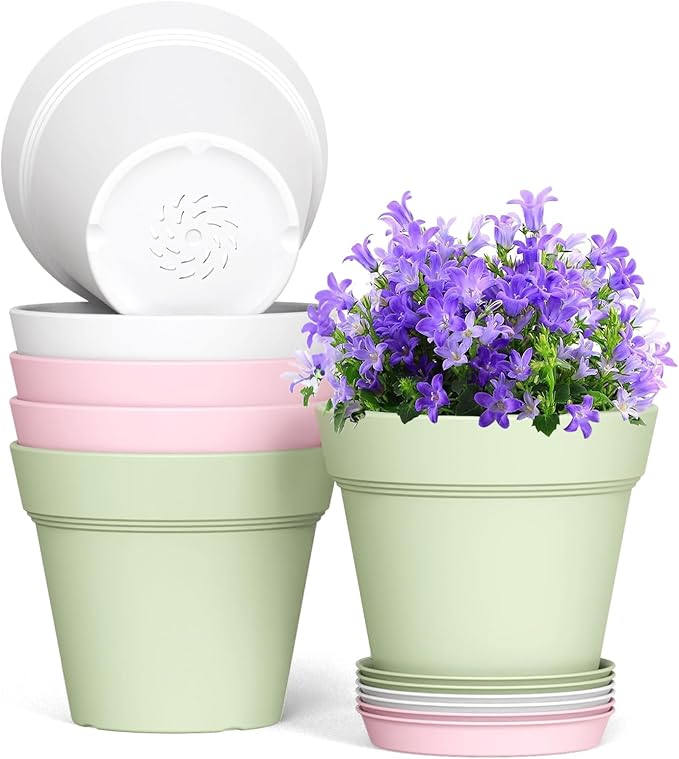 5 Inch Plastic Plant Pots with Drainage Holes and Trays – 6 Pack Small Nursery by WSMKSZ