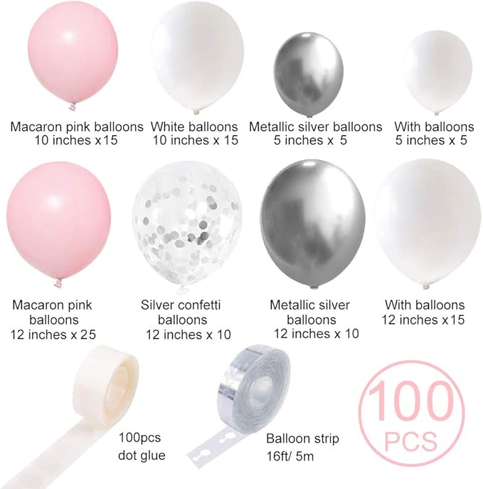 Silver Pink Balloons Garland Kit, Birthday Party, Anniversary Decorations - Image 2