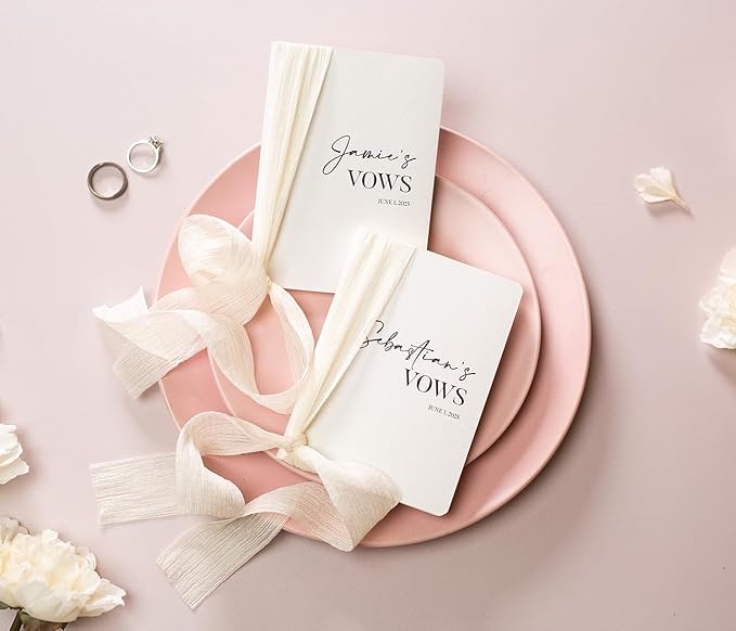 Modern Album Designs Set of Custom Slim White Vow Books w/Ribbon by ModernAlbumDesigns