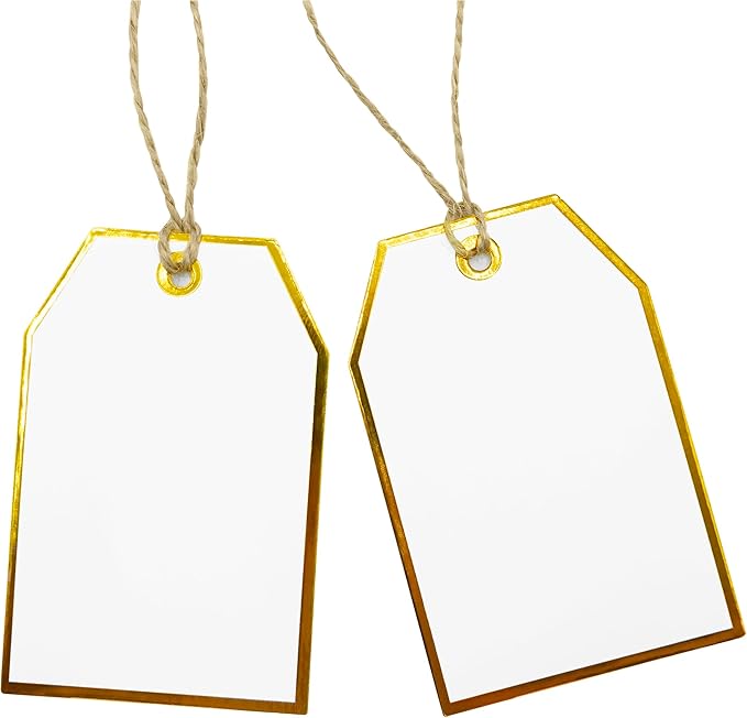 100Pcs Gold Gift Tags with String Attached Foil Gold Frame Large White Paper by ASYEHJNR