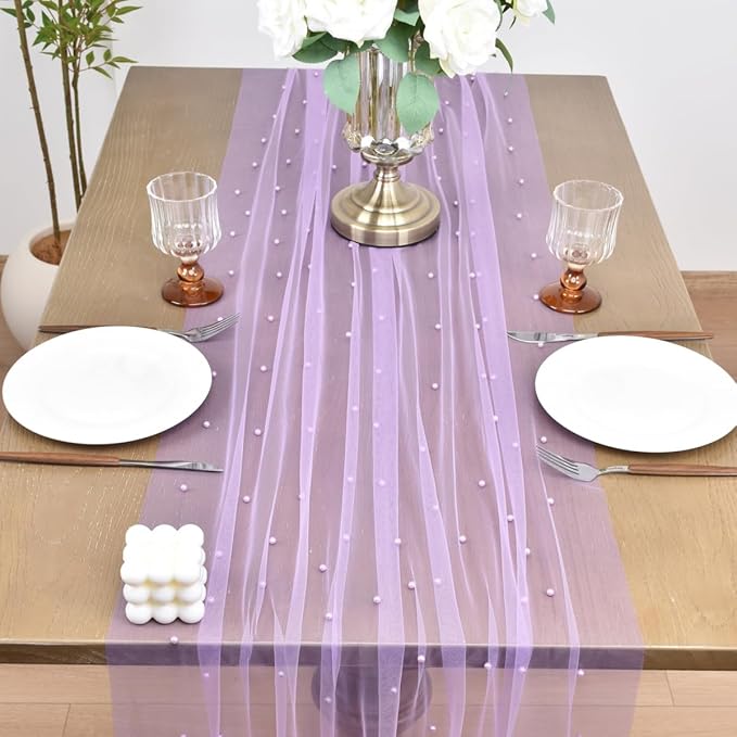 Joanlody Fall Pearl Table Runner 10ft Rustic Boho Tulle Table Runner - Image 3