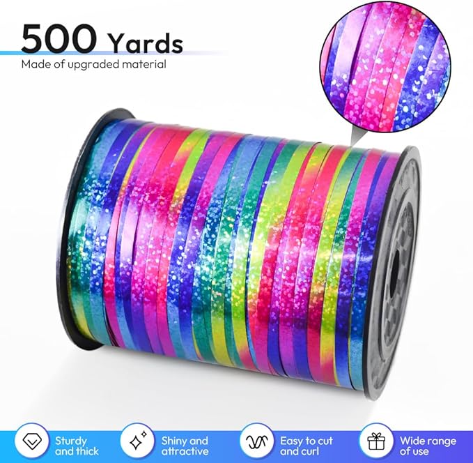 KMER LIFE Premium Rainbow Shiny Curling Shiny Ribbon, 1/5" Wide x 500 Yards - Image 2