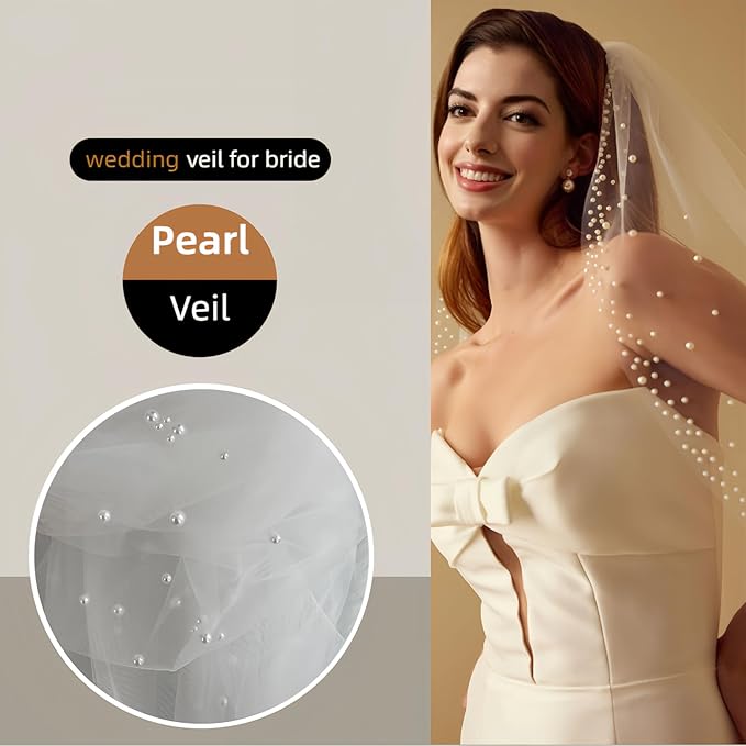 1 Tier Pearl Wedding Bridal Veil - Image 5
