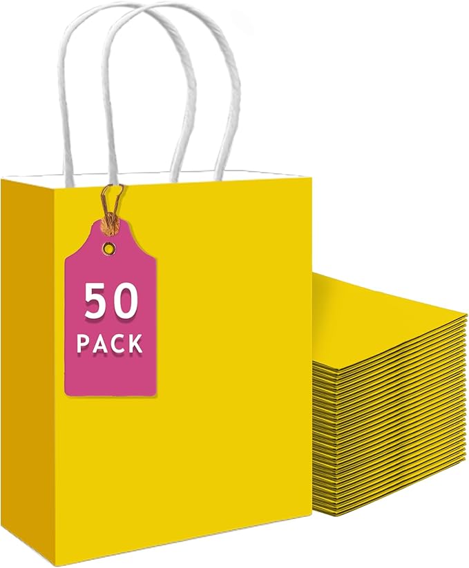 qiqee 50-Packs Bright Yellow Paper Gift Bags by Qiqee