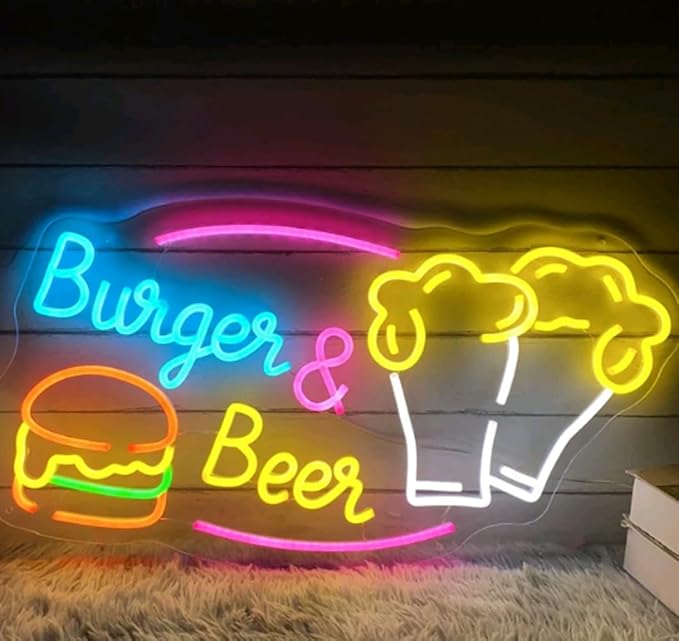 Burger & Beer Neon Sign, Custom Hamburger Snack Bar LED Neon Night Home Wall - Image 5