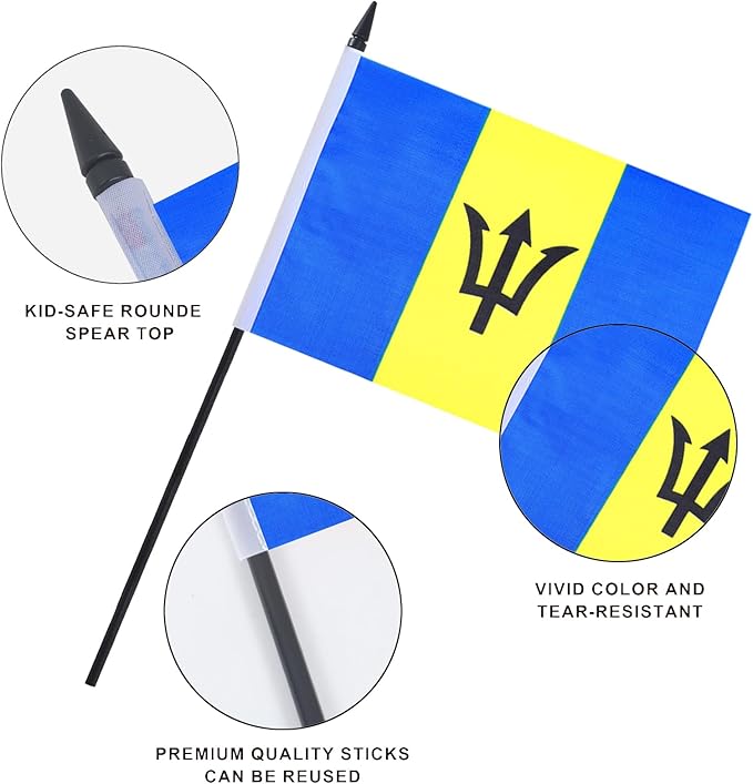 Barbados Desk Flag 12" Solid Pole Deluxe Set Barbadians Flags Banner Mini Small - Image 4
