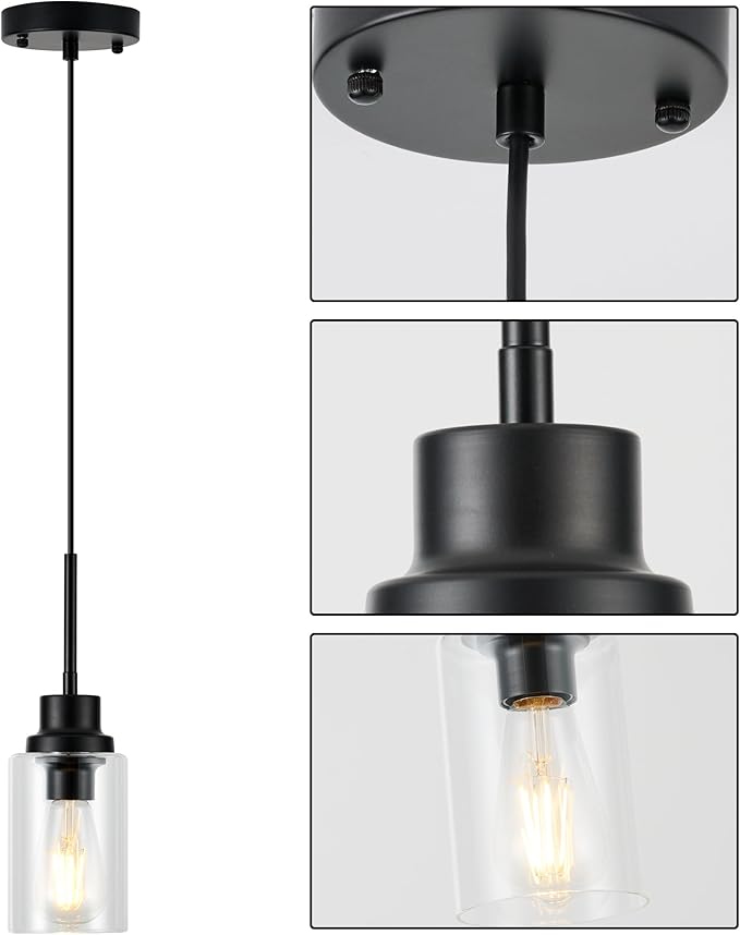 Island Lights for Kitchen, Modern Black Farmhouse Clear Glass Cylinder Pendant - Image 6
