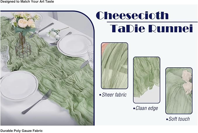 20 Pack Sage Green Cheesecloth Table Runner 17x108 Inch Boho Wrinkled Sheer - Image 2