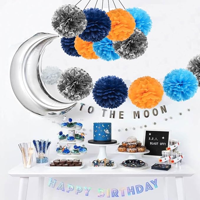 Silver Blue Orange and Navy Blue Tissue Paper Pom Poms Flower - Image 2
